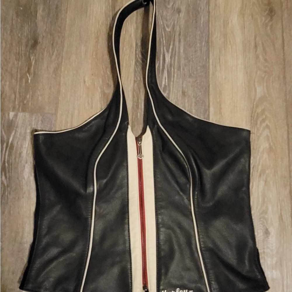 Black and White Leather Corset Top with Red Zipper